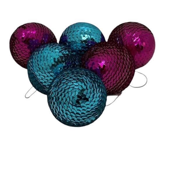 Sequin Ball Christmas Ornaments Set/6 Purple and Turquoise new - Picture 3 of 3